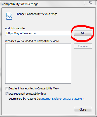 Yhteensopivuustilan asetukset (Compability View Settings)