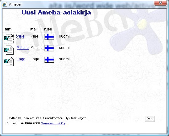 Uuden Ameba-asiakirjan mallin valinta
